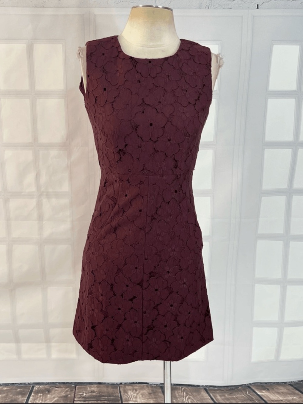 Diane Von Furstenberg Floral Lace Shift Dress in Deep Burgundy